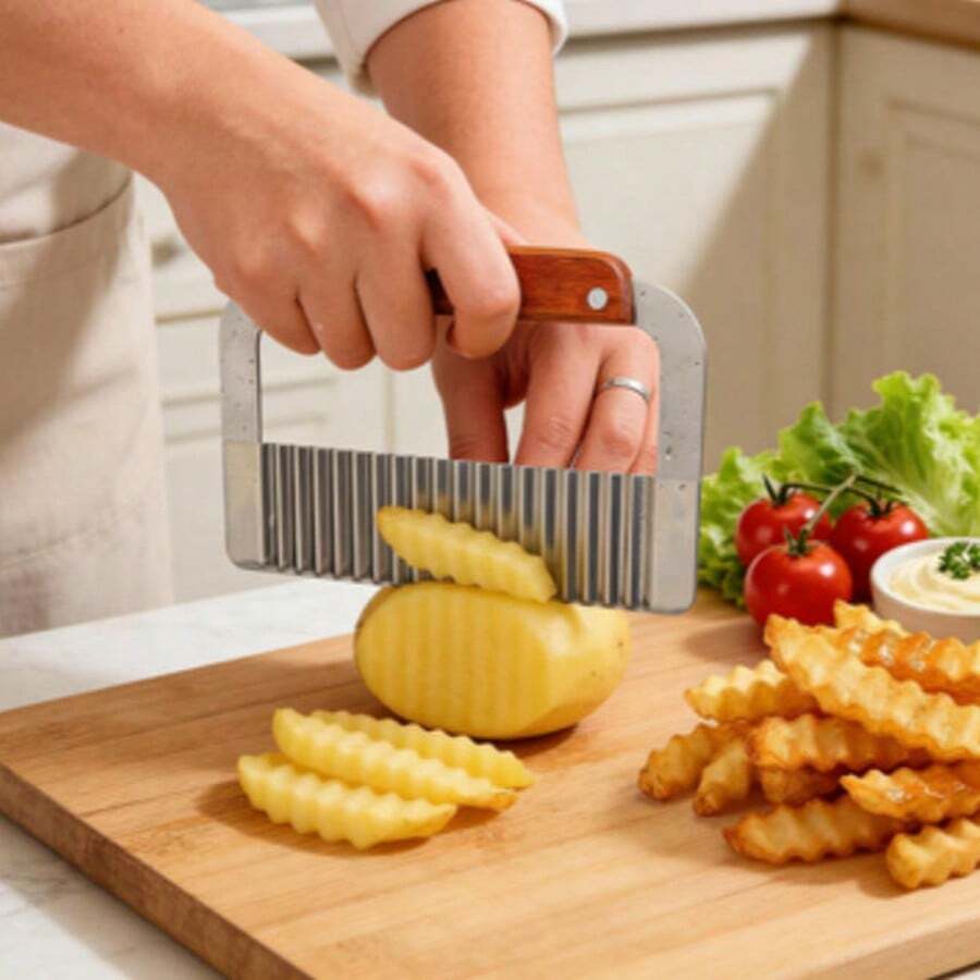 1个不锈钢波浪形切刀 | 木柄波浪形薯条切片器，适用于土豆和蔬菜 - 彩色 - 查看 1