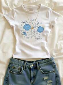 Hot  Classic StyleGlimmora Flowers Pattern, Casual For Women, Casual Top, Graphic Tee, Summer ,Women's Beach Top Gift For Sister, Y2k Top - trắng - Xem 1