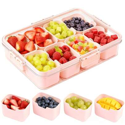 8格便携式水果收纳盒，带盖防漏零食盒，适合学校、工作、旅行