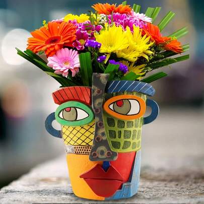 1 chậu trồng cây trừu tượng hình mặt người theo trường phái Fauvism của Picasso, chậu trồng cây hình mặt người, chậu trồng cây hình đầu người trừu tượng, chậu trồng cây trong nhà cỡ lớn, chậu hoa trang trí bằng nhựa resin độc đáo.