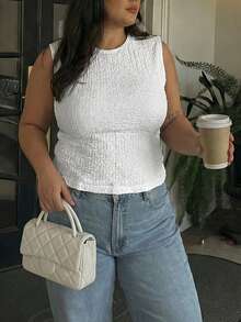 Plus Size Women Solid Color Round Neck Casual Versatile Tank Top - White - View 1