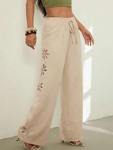 Women's High Waist Drawstring Linen Pants Bohemian Floral Cutout Wide Legs - Apricot - View 1