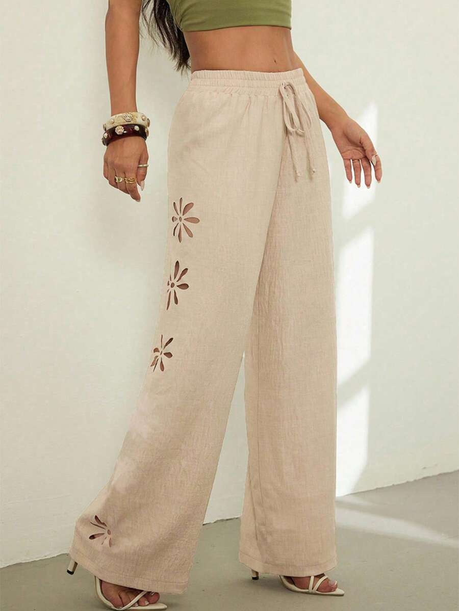 Women's High Waist Drawstring Linen Pants Bohemian Floral Cutout Wide Legs - Apricot - View 1