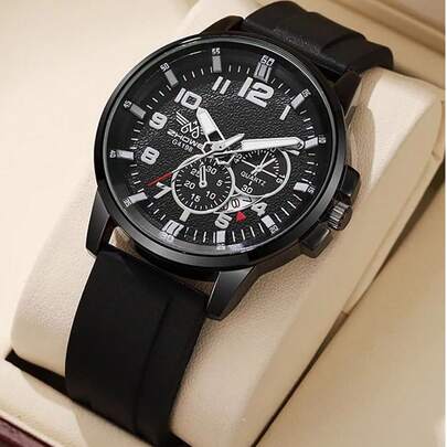 休闲时尚商务硅胶日历石英表，适合年轻男士