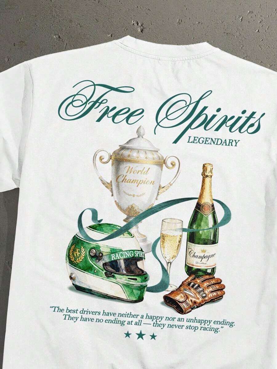 Vintage American Racing Champion Trophy Print Short-Sleeve T-Shirt, Loose Fit, Casual Fashion For Dates And Meetings, Ideal Gift For Boyfriend - 白色 - 查看 1