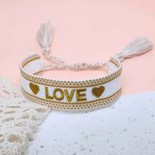1条手工编织刺绣爱心字母“LOVE”手链，复古流苏波西米亚风，适合送给朋友、家人，也适合节日、旅行、聚会、婚礼等场合，可作礼物。 - 金色 - 查看 2