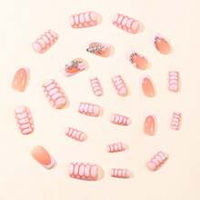 24 Pieces Wearing European Square Pink French Edge Five-Petaled Flower Star Cross With Diamond Design Removable Fake Nails - Pink - View 3