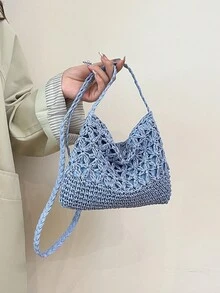 Summer Fashion Versatile Casual Handwoven Large Capacity Beach Straw Crossbody Bag - Blue - View 3