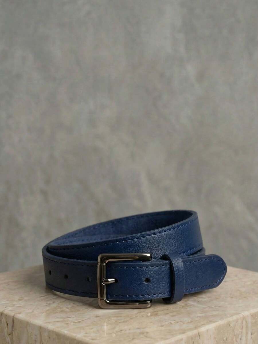 Women's Set Of Belts With Metallic Roller Buckle In Minimalist Faux Leather - 1 Blue - View 1