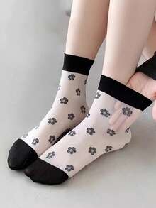 4双装玻璃丝黑色半透明花卉、爱心、蝴蝶结、波点经典百搭春夏时尚长筒袜 - 彩色 - 查看 4