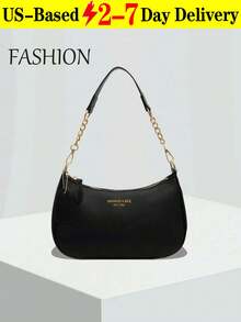 This Fashionable, Classic And Versatile Letter Graphic Design Solid Color PU Waterproof Material Crescent-Shaped Shoulder/Underarm Bag Is Suitable For Shopping And Can Be Worn Crossbody. - 黑色 - 查看 12