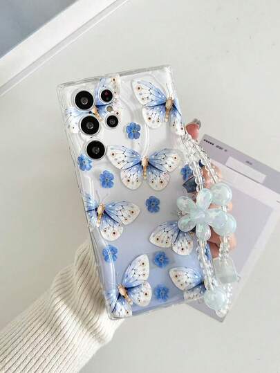 Ốp điện thoại chống rơi, in hình hoa và bướm, viền lượn sóng, màu kem, bề mặt sơn bóng, kèm phụ kiện vòng tay hạt cườm, tương thích với iPhone 17pro/17Air /17/17promax16/11/16pro/16plus/16promax/16e/15Promax/13/14/12/XS/XR/7G/8P, Galaxy 11/12Pro/12/12X/13Pro/14Pro/15Pro/X3pro/, 10/9/Note9/12c/Note11pro/Note8Pro/9C/9a