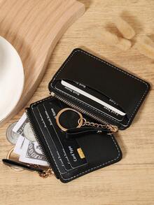 Minimalist Mini Wallet With Keychain, Zippered Card Holder & Coin Purse, Small Key Ring Organizer For Women, Casual Daily Carry Pouch For Travel - Black - View 5