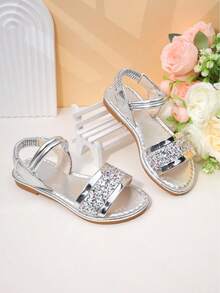 1 đôi sandal La Mã lấp lánh màu vàng cho bé gái, kiểu dáng công chúa sang trọng cho mùa hè. - Bạc - Xem 2