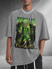 Men Water Washed Streetwear Brand Street Style 100 Percent Cotton Rock Lees Graphic Print T Shirt Gym Workout Casual Wear Retro Heavyweight Tee Perfect Gift Loose Comfortable Breathable Machine Washable Fabric Hip Hop Cool Style Drippy Clothes Y2K - 灰色 - 查看 2