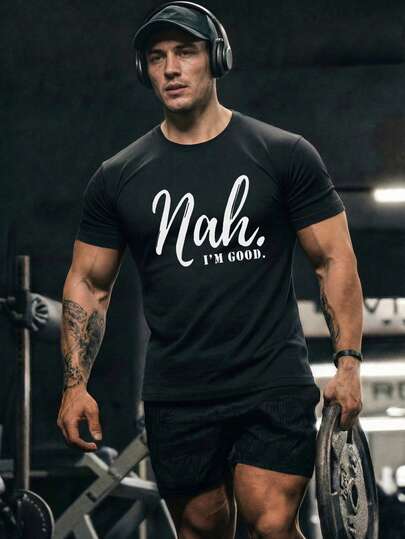 Áo thun nam tay ngắn cổ tròn in chữ, thời trang mùa hè, thích hợp cho phòng tập gym và các hoạt động thể thao ngoài trời.