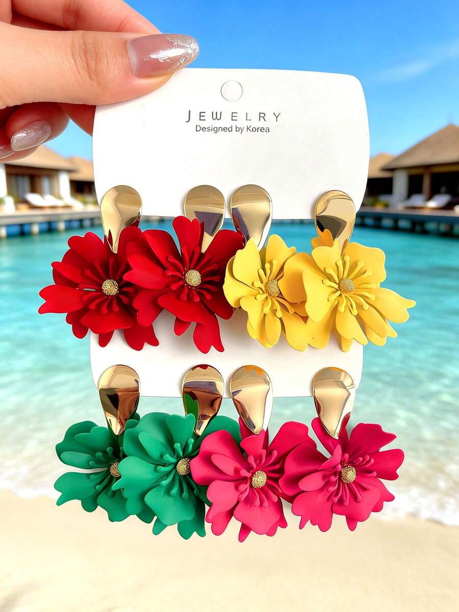 4 đôi bông tai mặt dây chuyền hình hoa nhiều màu sắc, thích hợp để đeo hàng ngày. - Nhiều màu - Xem 1