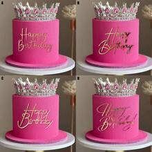 6pcs/12pcs Gold Acrylic Creative Happy Birthday Cake Topper For Birthday Party DIY Cake Dessert Baking Decoration Supplies Excluding The Crown - Multicolor - View 2