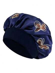 蝴蝶印花缎面睡帽 女士夜间发帽 柔软宽边发套 卷发护理 - 彩色 - 查看 10