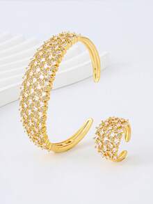 简约锆石手链戒指套装，百搭且适合所有人 - 立體幾何紋理 - 查看 7