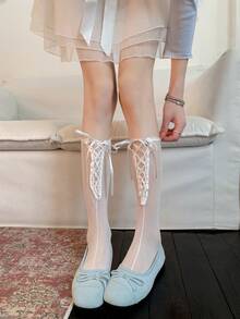 1/3 Pairs Spring/Summer Thin Knee-High Socks, Ballet-Style Criss-Cross Leg Warmers, Lolita Bow Knee Socks, Mesh Hollow Thigh-High Socks, No-Show Ankle Socks, Straight-Cut Socks - Multicolor - View 6