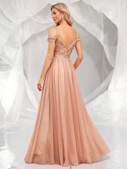 Summer Cold Shoulder Sequin & Mesh Hem A-Line Elegant Evening Women Dresses,Open Shoulder Sexy Gold Party Dress,Formal Prom Gown,Wedding Guest Gown, For Graduation, Dinner Spring