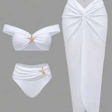 2026 New European And American Starfish Print Two-Piece Swimsuit With Long Skirt Three-Piece Bikini Set - Xanh đậm - Xem 3