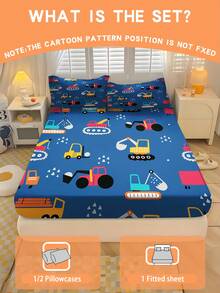 1/2/3pcs Construction Vehicle Pattern Bedding Set, Soft & Comfortable, Suitable For Bedroom, Guest Room And Dormitory, Mattress Cover, All Season, 100% Polyester, Size 71x132cm, Bed Depth 25cm - Multicolor - View 1