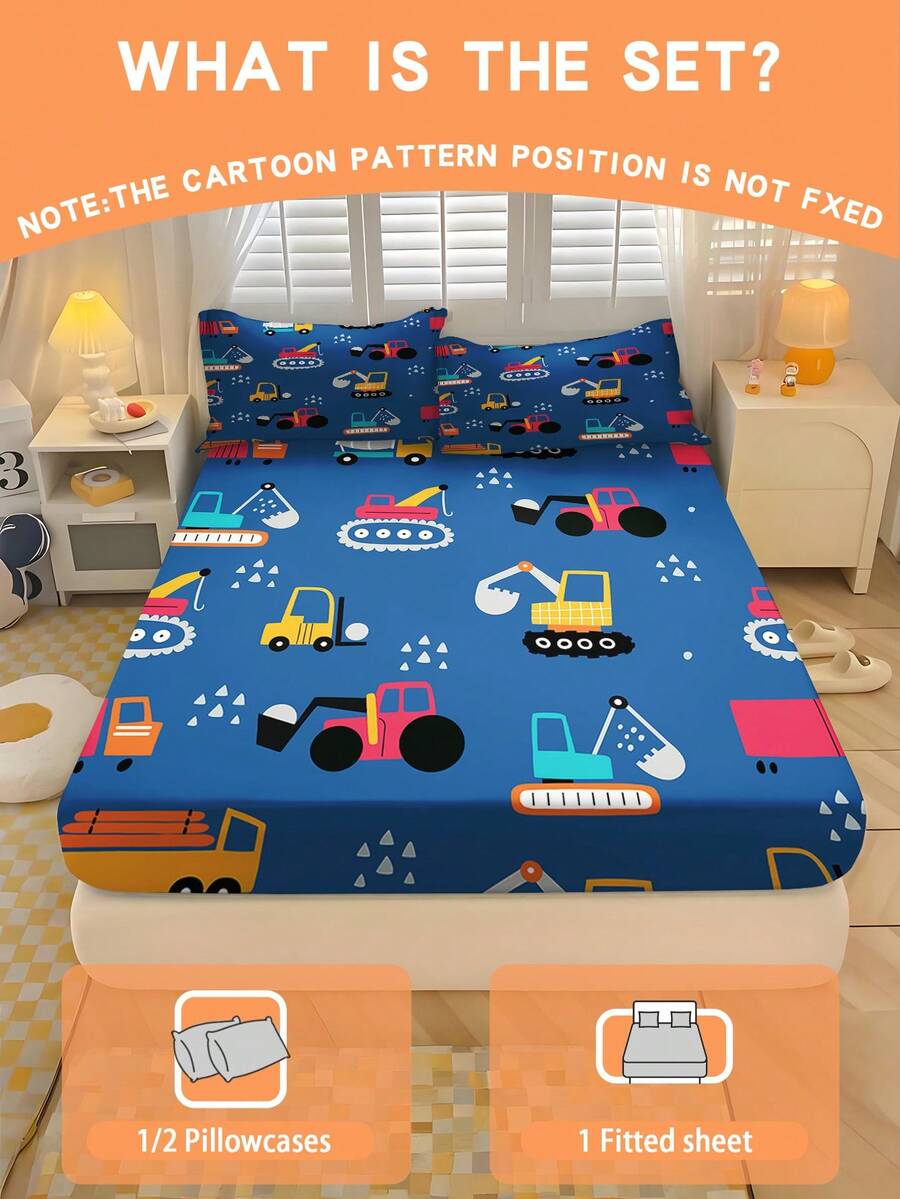1/2/3pcs Construction Vehicle Pattern Bedding Set, Soft & Comfortable, Suitable For Bedroom, Guest Room And Dormitory, Mattress Cover, All Season, 100% Polyester, Size 71x132cm, Bed Depth 25cm - Multicolor - View 1