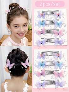 Set de 2 piezas Peine y Pinza de Pelo con Diseño de Mariposa Lindo, Accesorios de Peinado Invisibles, Adecuados para Uso Diario y Fiestas para Niñas - Multicolor - Ver 1