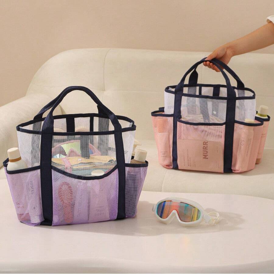1PC Multi-Pocket Mesh Beach Tote Bag, Sandproof Quick-Dry Swimming Bag, Versatile Portable Shower Caddy For Gym Travel Vacation, Foldable