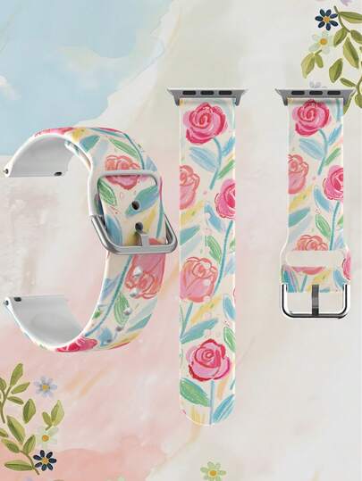 1条彩绘玫瑰表带，柔软弹性透气舒适腕带，可替换三星、荣耀智能手表表带，尺寸可选38mm、40mm、41mm、45mm、44mm、42mm、46mm、49mm。花卉图案，节日礼物，日常时尚休闲多色硅胶表带，兼容荣耀手表Ultra SE/11/10/9/8/7/6/5/4/3/2/1。