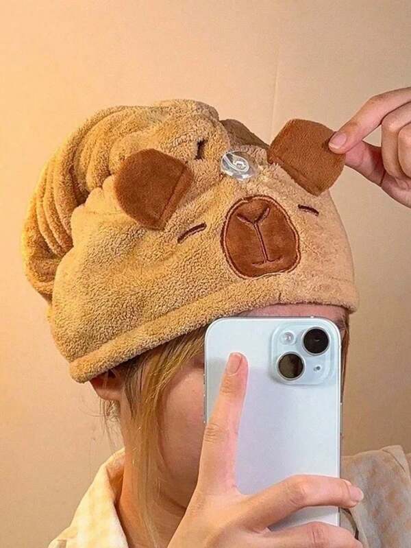 1pc Cute Capybara Animal Pattern Absorbent Quick-Dry Coral Fleece Shower Cap, Cartoon Hair Towel Hat For Women, Summer Bathroom Decor