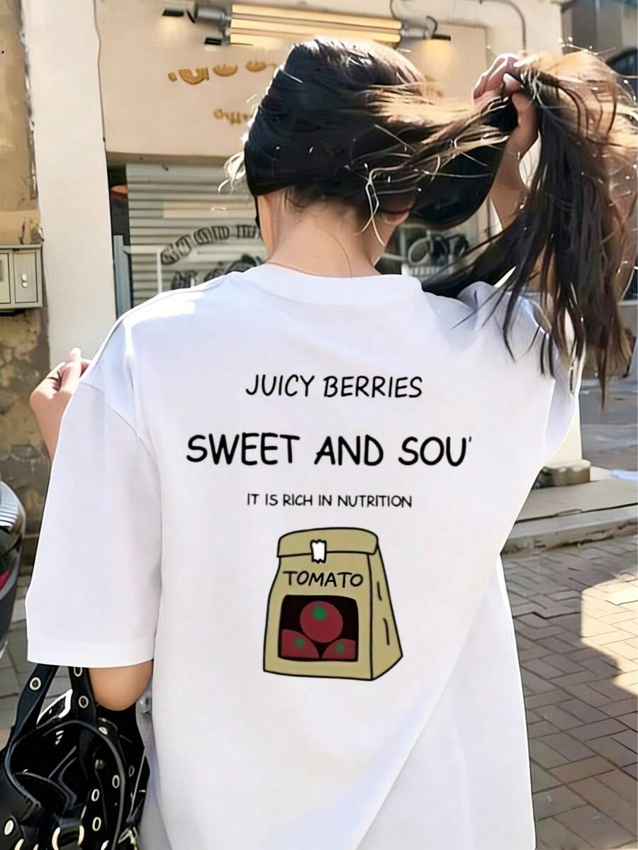 Y2K字母印花短袖T恤，女士夏季休闲圆领宽松百搭修身T恤 - 白色 - 查看 1