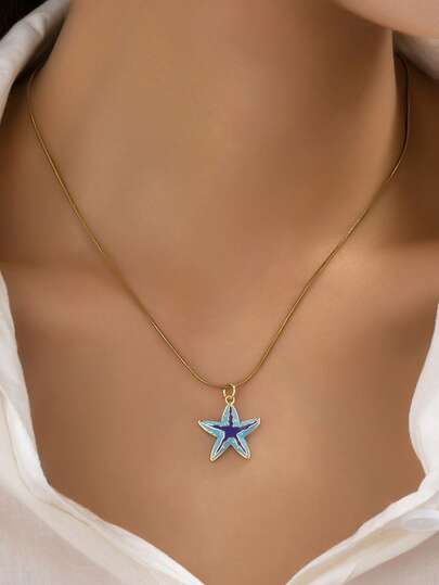 1 Mặt dây chuyền hình sao biển tráng men xanh mạ vàng 18K dành cho nữ, dây chuyền mảnh bằng thép không gỉ chủ đề đại dương với mặt dây chuyền hình sao biển, trang sức đi biển chống thấm nước cho kỳ nghỉ hè.