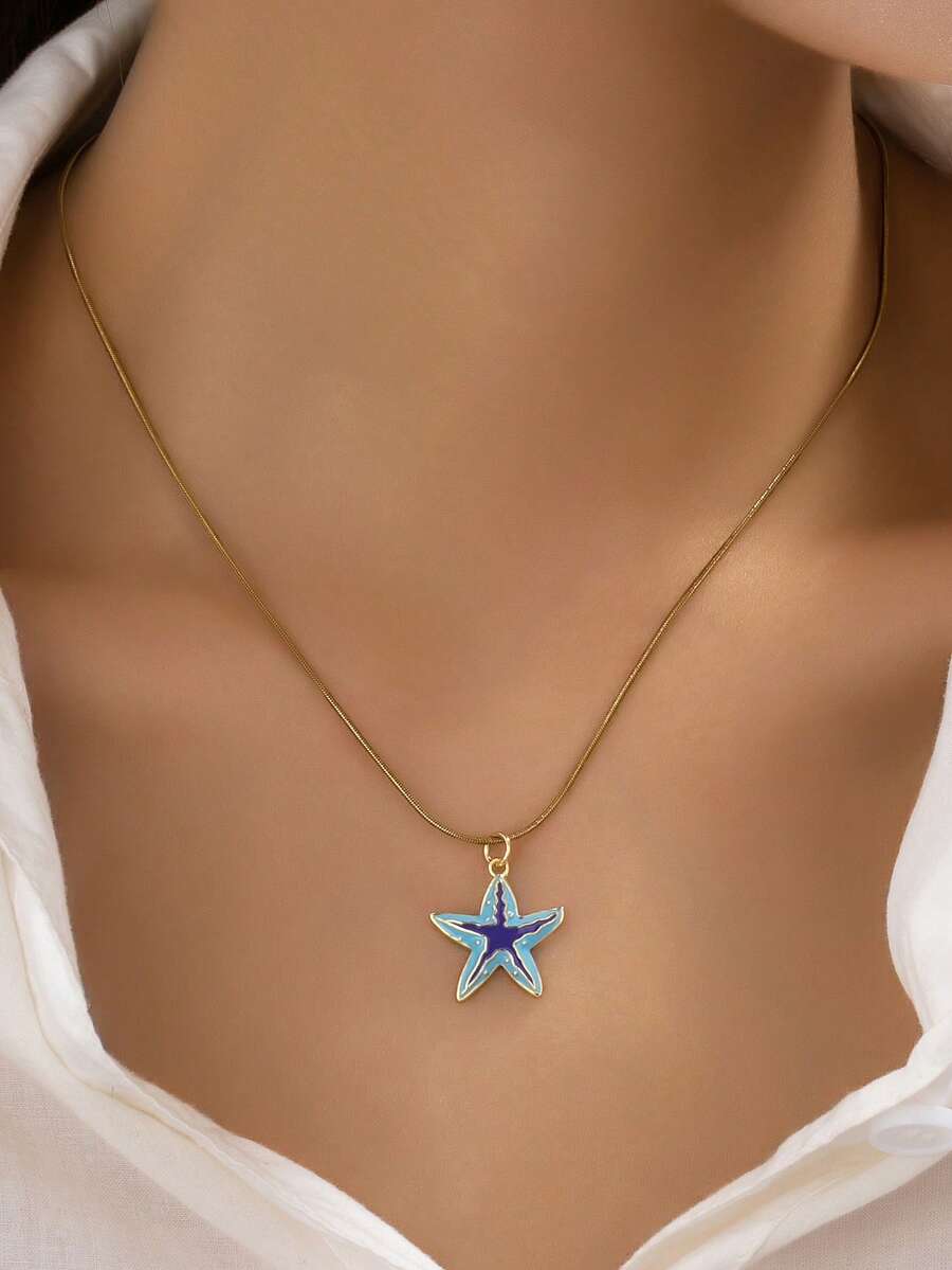 1件18K镀金蓝色珐琅海星吊坠项链，女士海洋主题不锈钢精致链条搭配海星吊坠，夏季度假防水沙滩饰品 - 藍海星吊墜項鍊 - 查看 1