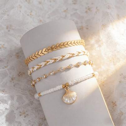 4-Piece Fashionable Beach Vacation Fan Shell Bracelet Set, Simple And Versatile Chain Woven Rope Bracelet For Women, Elegant And Simple Design, Retro And Fashionable Versatile Accessory, Suitable For Women, Couples, Weddings And Party Accessories