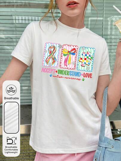 女士日常彩色蝴蝶结和拼图图案圆领短袖休闲夏季女式上衣，印有接纳和理解自闭症的标语，时尚百搭的白色女式T恤