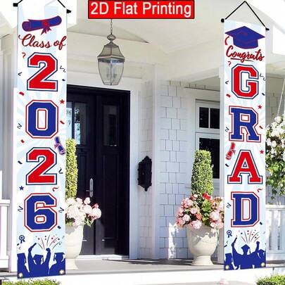 AFYPRTY 1 Set 180cm X 30cm Polyester Graduation Door Curtain Banner, 2D Flat Printing Red White Blue Design With Graduation Cap, Diploma 2026 Graduate Identifier And Congratulations Text, Suitable For Front Door, Entrance, Yard, Graduation Party And Ceremony Decoration