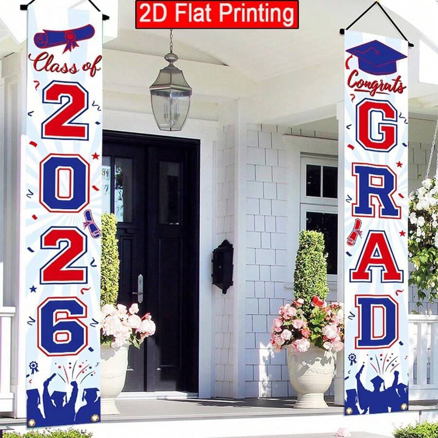 AFYPRTY 一套 180cm x 30cm 涤纶毕业典礼门廊横幅，2D 平面印刷红白蓝设计，包含毕业帽、毕业证书、2026 届及“恭喜毕业”字样，可竖挂于门廊、入口、露台、毕业派对和毕业典礼装饰处。 - A - 查看 1