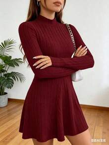 Cute Long Solid-Color Casual Dress, Spring-Autumn Style, Suitable Family Gatherings, Parties, Commuting, Dating And Dance Events. - Burgundy - View 3