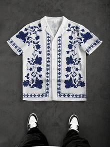 男士中国瓷器印花衬衫（带领和纽扣开合），夏季 - 藍白色 - 查看 1