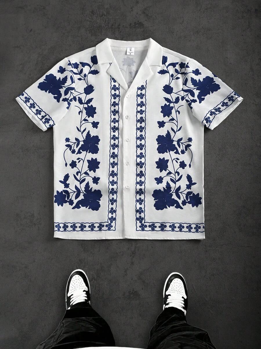 男士中国瓷器印花衬衫（带领和纽扣开合），夏季 - 藍白色 - 查看 1