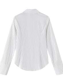 女士长袖条纹领衬衫，拉链前襟，开衩设计，适合办公室穿着，修身打底衫 - 白色 - 查看 6