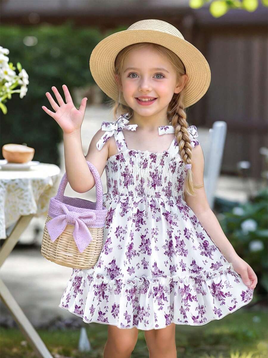 女婴花卉印花细肩带蝴蝶结荷叶边下摆连衣裙 - 紫色 - 查看 1