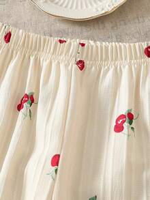 Girls' Summer Cream-Colored Cherry Print Camisole Double-Layer Top + Wide-Leg Pants 2 Pieces Set, Children's Sweet And Fresh Style Outfit Suitable For Daily Outings, Campus Wear, Family Trips, And Park Strolls - Gold - View 7