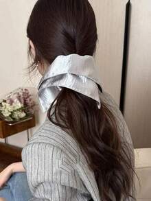 1pc Shiny Silver Square Scarf, Large Size Women Hair Scrunchie, Women Low Ponytail Hair Tie, Extra Large Retro Square Hair Scrunchie, Fashion Hair Accessory, Retro Style, Soft Smooth Fabric, Stylish Hair Scrunchie Hair Accessory Hair Elastics Hair Rubber Bands Hair Rope - Multicolor - View 8