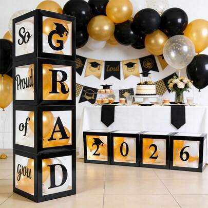 2026届毕业派对装饰 - 4个黑色气球盒，印有“GRAD 2026 So Proud Of You”字样，毕业典礼用品，2026届高中/大学庆祝派对装饰