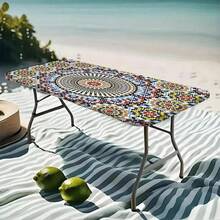 1 pièce Nappe élastique d'extérieur, motif floral vintage, convient pour le camping, la table à manger, le balcon, imperméable, résistante aux taches, facile à nettoyer, lavable en machine, beau cadeau et décoration de patio - A - Voir 3