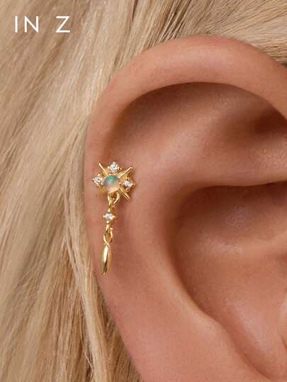 IN Z 1Pc 925 Sterling Silver Pure Natural Opal And Inlaid With Four-Pointed Star Pendant Flat Back Labret Stud | Tiny Stud Earrings | Stacking Earring | Four-Pointed Star Earring | 925 Sterling Silver Jewelry | Suitable For Women's Daily Wear | Sold As 1 Piece (Not 1 Pair)